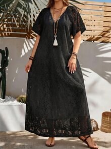 Rosumi Plus Size Women's Summer Casual Elegant Celestial Vacation Solid Black Lace Dress Vacation Brunch Brunch Date Night - Black - View 8