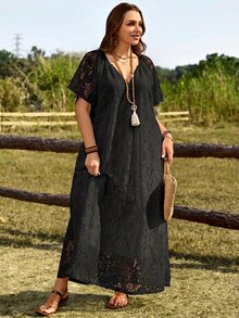 Rosumi Plus Size Women's Summer Casual Elegant Celestial Vacation Solid Black Lace Dress Vacation Brunch Brunch Date Night - Black - View 5