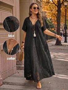 Rosumi Plus Size Women's Summer Casual Elegant Celestial Vacation Solid Black Lace Dress Vacation Brunch Brunch Date Night - Black - View 1