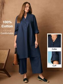 Rosumi Setelan Kasual Wanita Ukuran Besar Warna Biru Tua, Atasan Panjang Longgar Lengan Gulung dengan Kerah Berlekuk dan Celana Panjang Lebar, Pakaian Formal Musim Gugur - Royal Blue - View 1