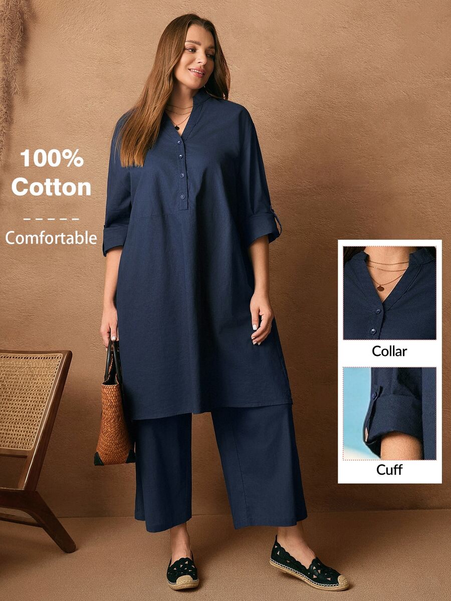 Rosumi Setelan Kasual Wanita Ukuran Besar Warna Biru Tua, Atasan Panjang Longgar Lengan Gulung dengan Kerah Berlekuk dan Celana Panjang Lebar, Pakaian Formal Musim Gugur - Royal Blue - View 1