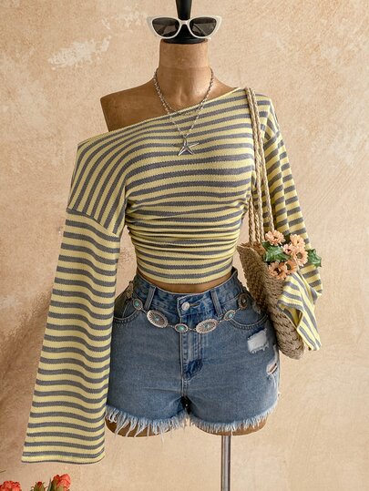 Soleia Women's Autumn Casual Fashion Commute Striped Knit Sweater Asymmetric Cold Shoulder Long Sleeve Ruched T-Shirt, Outing Top, Fashionable Top