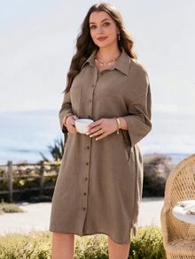 Rosumi Plus Size Casual Traditional Front Button Pocket Long Sleeve Dress Autumn Office Formal Brown - Brown - View 11
