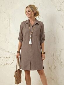 Rosumi Plus Size Casual Traditional Front Button Pocket Long Sleeve Dress Autumn Office Formal Brown - Brown - View 10