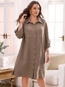 Rosumi Plus Size Casual Traditional Front Button Pocket Long Sleeve Dress Autumn Office Formal Brown - Brown - View 13