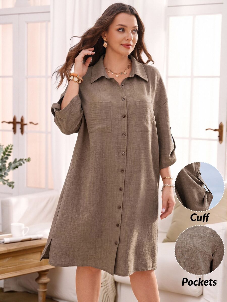 Rosumi Plus Size Casual Traditional Front Button Pocket Long Sleeve Dress Autumn Office Formal Brown
