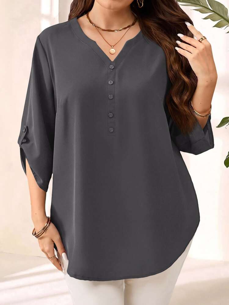 Miaspire Kemeja Wanita Ukuran Besar Kasual Elegan Serbaguna Warna Polos Musim Gugur untuk Hari Guru, Kantor, Formal, Ulang Tahun Guru, Abu-abu - Dark Grey - View 6