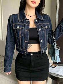 DAZY Women's Autumn Y2K Loose Casual Streetwear Long Sleeve Denim Jacket With Large Pockets - Medium Wash - View 6