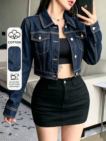 DAZY Women's Autumn Y2K Loose Casual Streetwear Long Sleeve Denim Jacket With Large Pockets