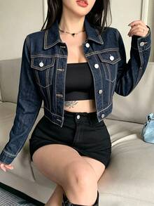 DAZY Women's Autumn Y2K Loose Casual Streetwear Long Sleeve Denim Jacket With Large Pockets - Medium Wash - View 2