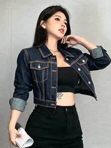 DAZY Women's Autumn Y2K Loose Casual Streetwear Long Sleeve Denim Jacket With Large Pockets - Medium Wash - View 3