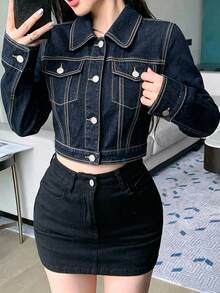 DAZY Women's Autumn Y2K Loose Casual Streetwear Long Sleeve Denim Jacket With Large Pockets - Medium Wash - View 9