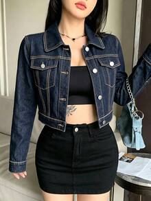 DAZY Women's Autumn Y2K Loose Casual Streetwear Long Sleeve Denim Jacket With Large Pockets - Medium Wash - View 10