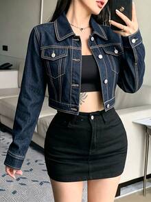 DAZY Women's Autumn Y2K Loose Casual Streetwear Long Sleeve Denim Jacket With Large Pockets - Medium Wash - View 8