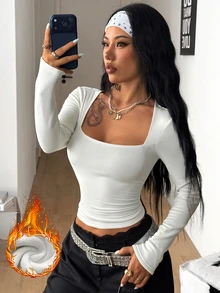 Coolane 女款秋季舒適彈性保暖基礎簡約休閒時尚街頭風白色修身方領長袖抓皺上衣T恤 - 白色 - 查看 5