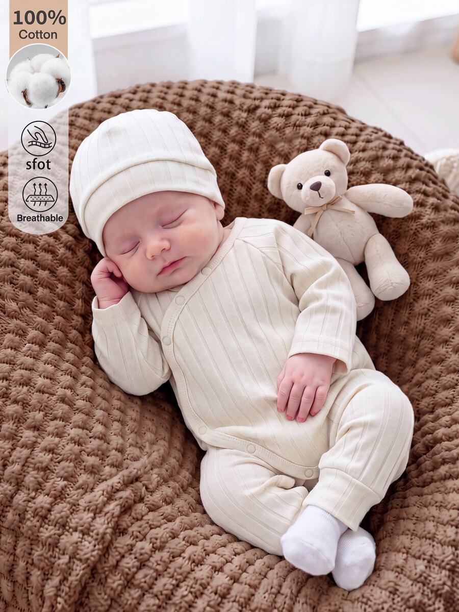 SHEIN Set Baju Terusan Bayi Baru Lahir Warna Aprikot, Bahan Katun Lembut dan Nyaman, Kerah Diagonal, Lengan Panjang + Topi