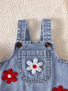 SHEIN 2件組女嬰韓式清新花卉刺繡牛仔吊帶褲套裝，粉色荷葉袖羅紋長袖T恤，精緻刺繡，柔軟面料，適中厚度，嬰幼兒2件套，春/秋新品，適合派對、慶祝、日常穿著，0-1歲 - 紅色 - 查看 6