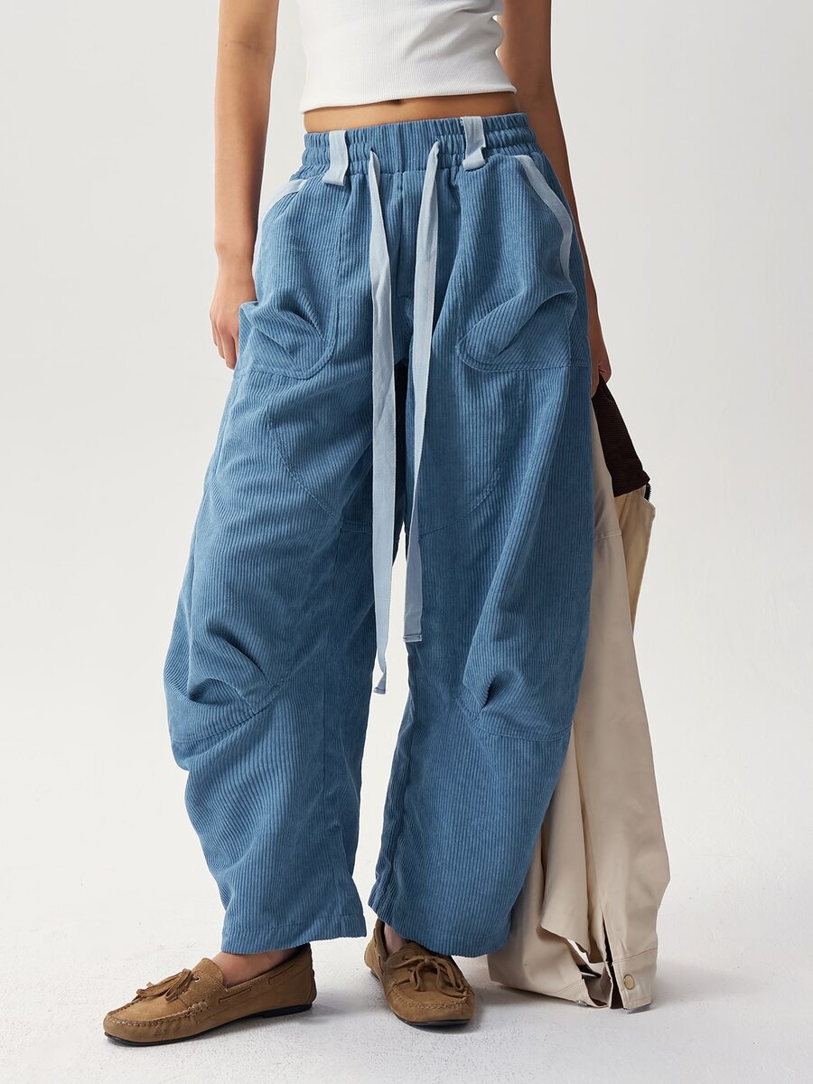 Bohemela Women's Fashion Curved Drawstring Waist Long Pants - Blue - View 1