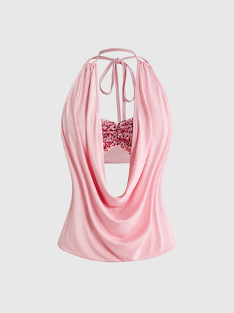 Top débardeur dos nu licou sexy Y2K pour femme, col drapé profond rétro à col bénitier, 2 pièces avec couche intérieure pailletée