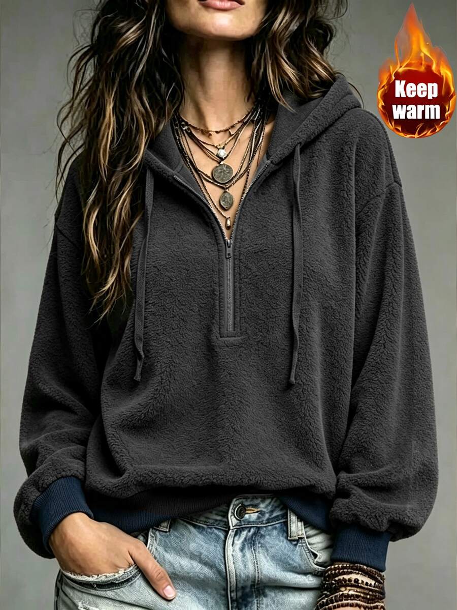 Omancia Sweatshirt Wanita Warna Polos, Model Setengah Resleting, Bahan Fleece dan Wol Domba, Lengan Panjang, Pakaian Kasual Sehari-hari, Serbaguna untuk Musim Gugur/Dingin - Grey - View 1