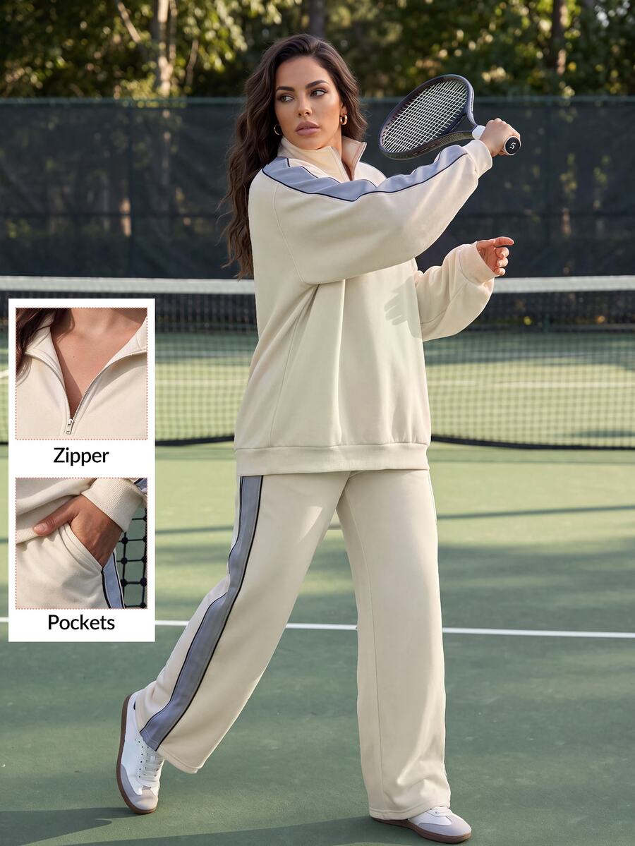 SHEIN BASICS Plus Size Zip-Up Half-Placket Long Sleeve Sweatshirt And Striped Colorblock Pants With Pockets 2 Pieces Set Fall/Winter Sportswear - Beige - View 1