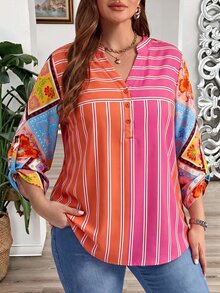 EMERY ROSE Kemeja Wanita Ukuran Besar Kasual Liburan Gaya Boho Bohemian Bergaris Patchwork Motif Bunga Musim Gugur 2026 Pakaian Wanita Formal Liburan Warna Pink - MultiWarna - View 2