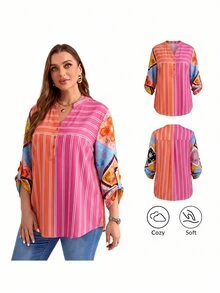 EMERY ROSE Kemeja Wanita Ukuran Besar Kasual Liburan Gaya Boho Bohemian Bergaris Patchwork Motif Bunga Musim Gugur 2026 Pakaian Wanita Formal Liburan Warna Pink - MultiWarna - View 6