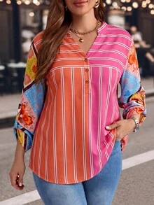EMERY ROSE Kemeja Wanita Ukuran Besar Kasual Liburan Gaya Boho Bohemian Bergaris Patchwork Motif Bunga Musim Gugur 2026 Pakaian Wanita Formal Liburan Warna Pink - MultiWarna - View 5