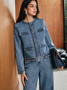 Anewsta Vintage Woven Trim Short Denim Jacket For Women - Blue - View 5