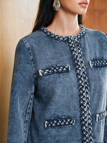 Anewsta Vintage Woven Trim Short Denim Jacket For Women - Blue - View 6