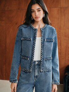 Anewsta Vintage Woven Trim Short Denim Jacket For Women - Blue - View 3