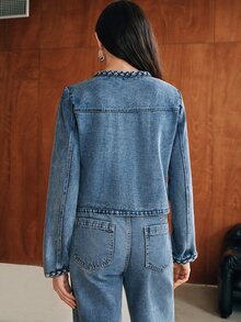 Anewsta Vintage Woven Trim Short Denim Jacket For Women - Blue - View 7