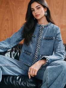 Anewsta Vintage Woven Trim Short Denim Jacket For Women - Blue - View 1