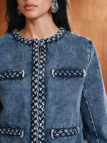 Anewsta Vintage Woven Trim Short Denim Jacket For Women - Blue - View 2