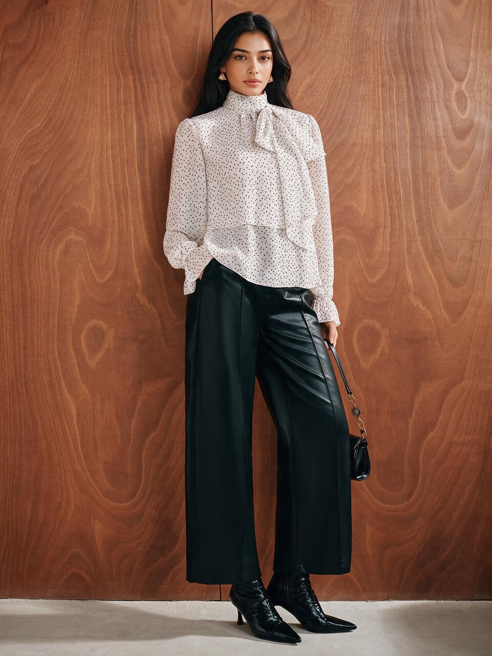 Anewsta Elegant Women's Chiffon Blouse With Stand Collar And Bow Front All Over Print Extra Long Puff Sleeves