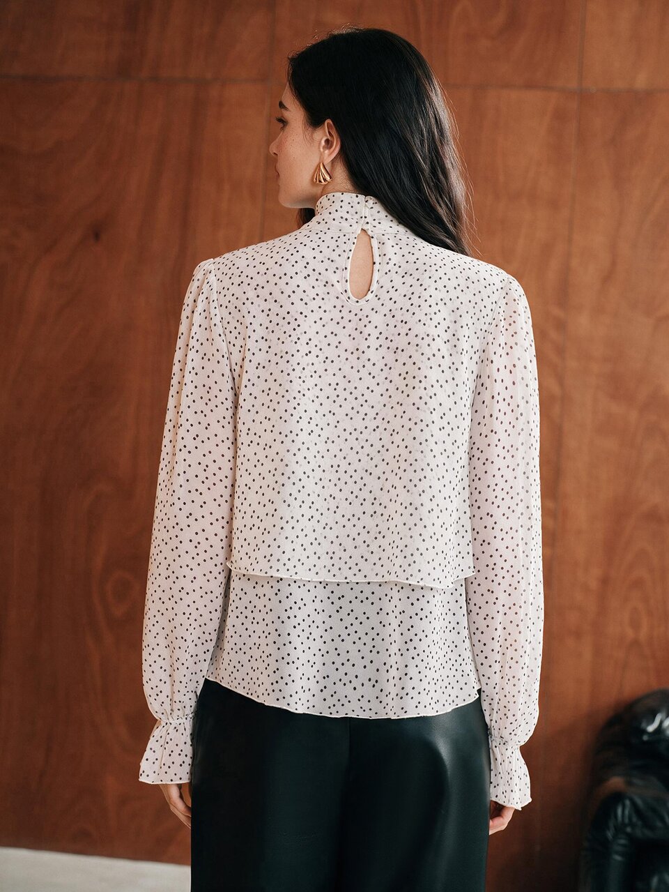 Anewsta Elegant Women's Chiffon Blouse With Stand Collar And Bow Front All Over Print Extra Long Puff Sleeves