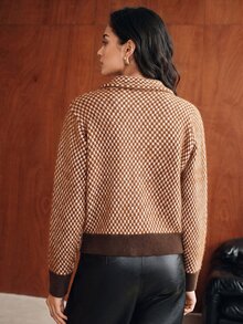 Anewsta Women's Knitted Jacquard Plaid Mink Fur High Neck Zipper Cardigan Sweater Jacket - Brown - View 6