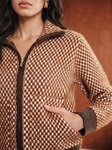 Anewsta Women's Knitted Jacquard Plaid Mink Fur High Neck Zipper Cardigan Sweater Jacket - Brown - View 4