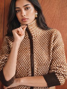 Anewsta Women's Knitted Jacquard Plaid Mink Fur High Neck Zipper Cardigan Sweater Jacket - Brown - View 2