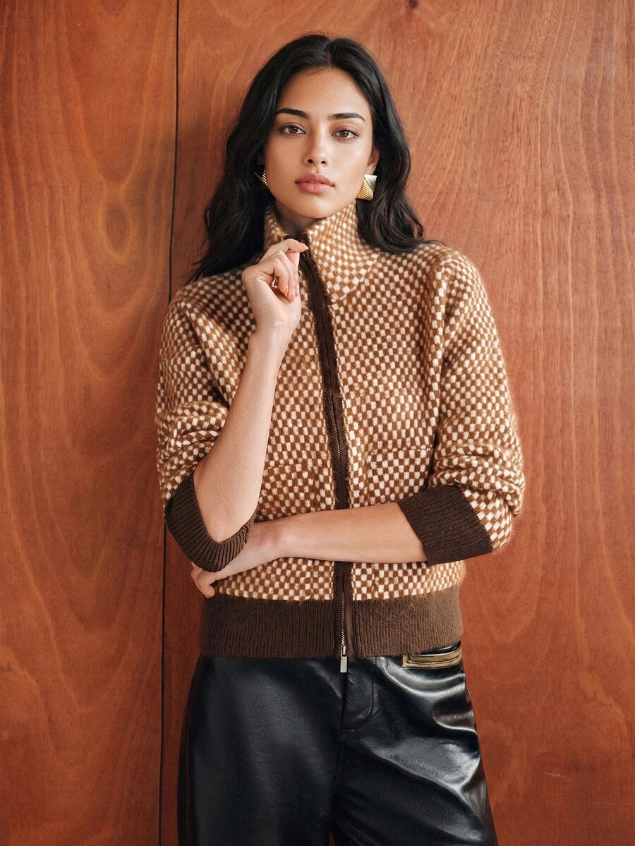 Anewsta Women's Knitted Jacquard Plaid Mink Fur High Neck Zipper Cardigan Sweater Jacket - Brown - View 1