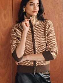 Anewsta Women's Knitted Jacquard Plaid Mink Fur High Neck Zipper Cardigan Sweater Jacket - Brown - View 3