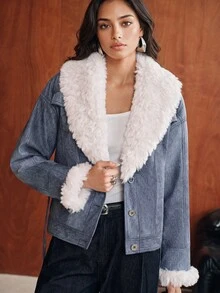 Anewsta Women Denim-Effect Faux Leather Jacket With Faux Shearling Collar & Buckle Detail - Blue - View 3
