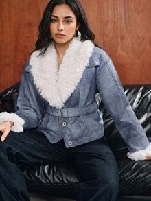 Anewsta Women Denim-Effect Faux Leather Jacket With Faux Shearling Collar & Buckle Detail - Blue - View 1
