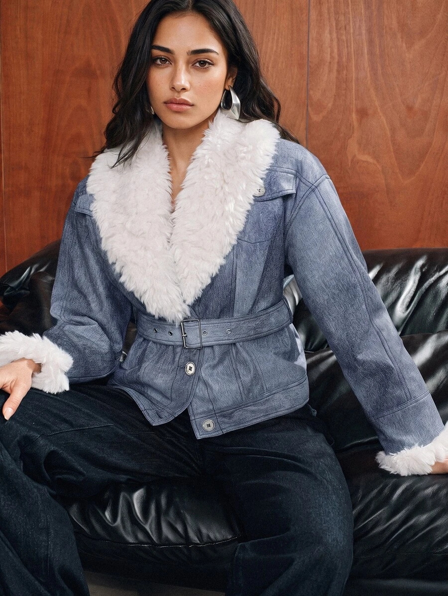 Anewsta Women Denim-Effect Faux Leather Jacket With Faux Shearling Collar & Buckle Detail - Blue - View 1