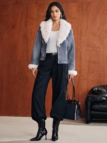 Anewsta Women Denim-Effect Faux Leather Jacket With Faux Shearling Collar & Buckle Detail - Blue - View 5