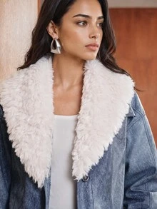 Anewsta Women Denim-Effect Faux Leather Jacket With Faux Shearling Collar & Buckle Detail - Blue - View 6