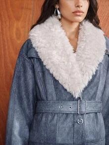 Anewsta Women Denim-Effect Faux Leather Jacket With Faux Shearling Collar & Buckle Detail - Blue - View 2