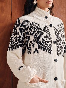 Anewsta Women's Knitted Jacquard High Neck Christmas Snowflake Pattern Cardigan Loose Fit - White - View 2