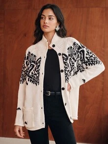 Anewsta Women's Knitted Jacquard High Neck Christmas Snowflake Pattern Cardigan Loose Fit - White - View 6