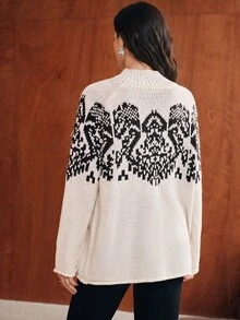 Anewsta Women's Knitted Jacquard High Neck Christmas Snowflake Pattern Cardigan Loose Fit - White - View 3